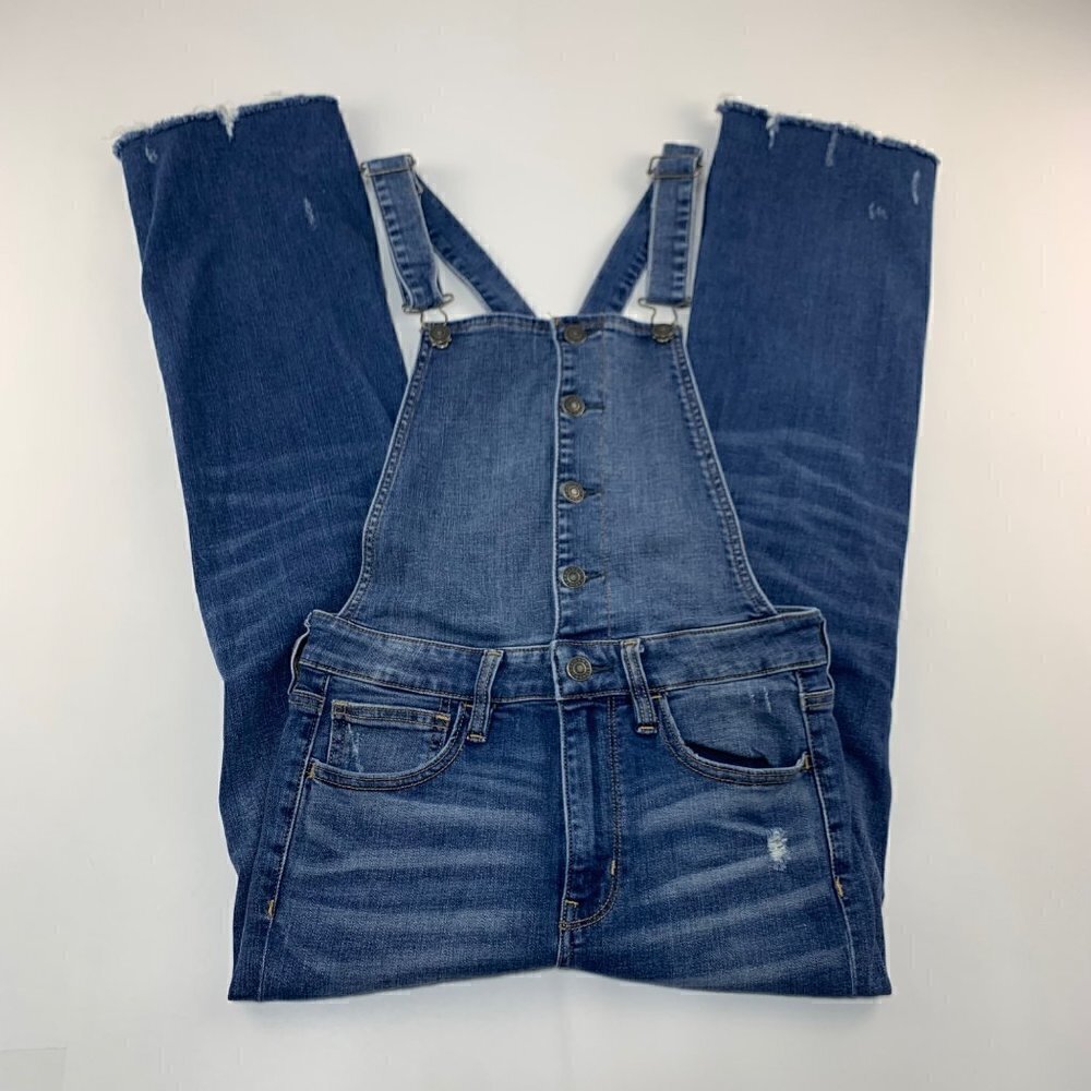 American Eagle Blue Stretch Denim Button Front Cropped Flare Overalls 6R